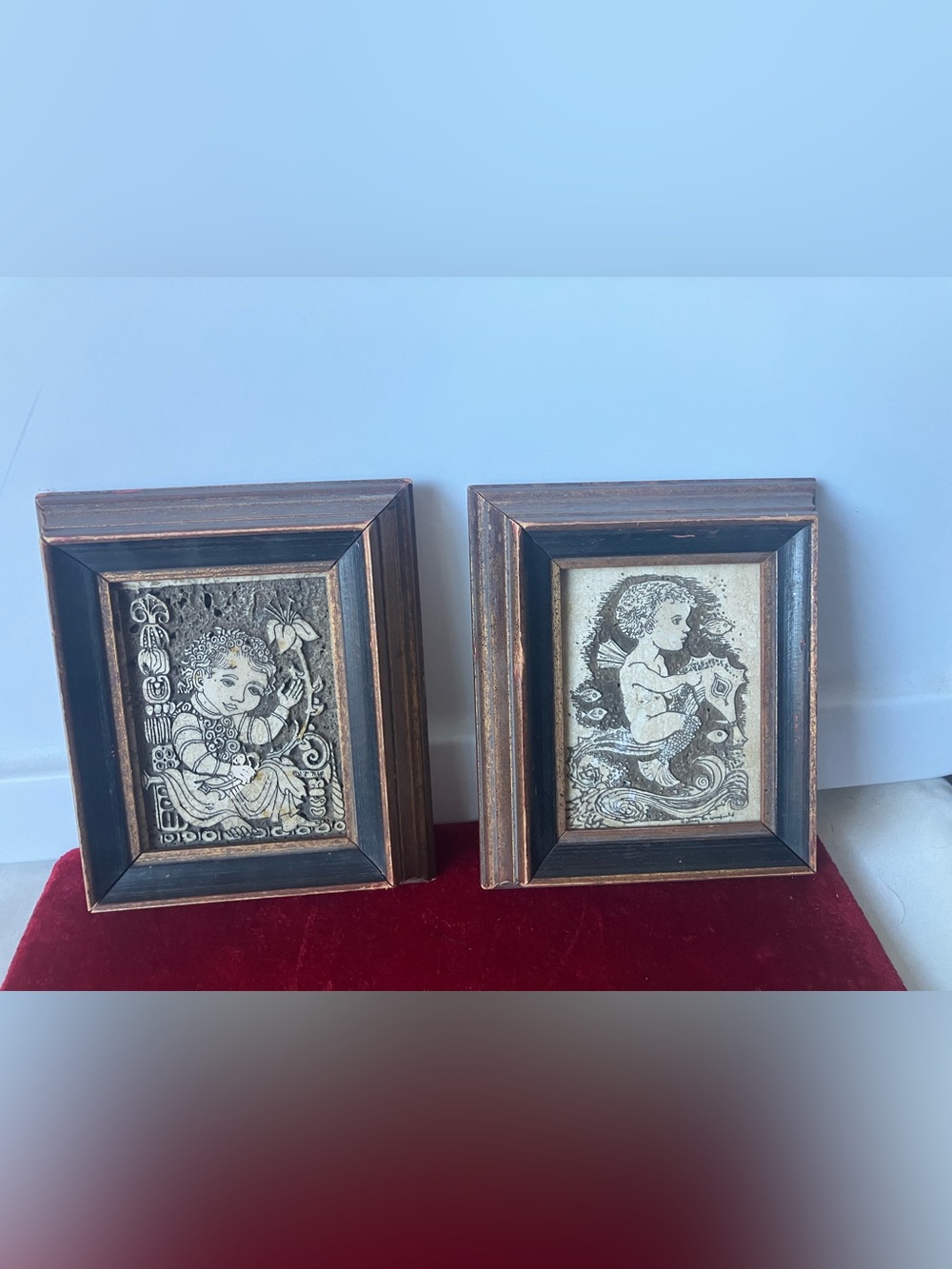 Rodney M Winfield Two 2 Carved Framed Travertine Stone Plaques MCM Merboy.